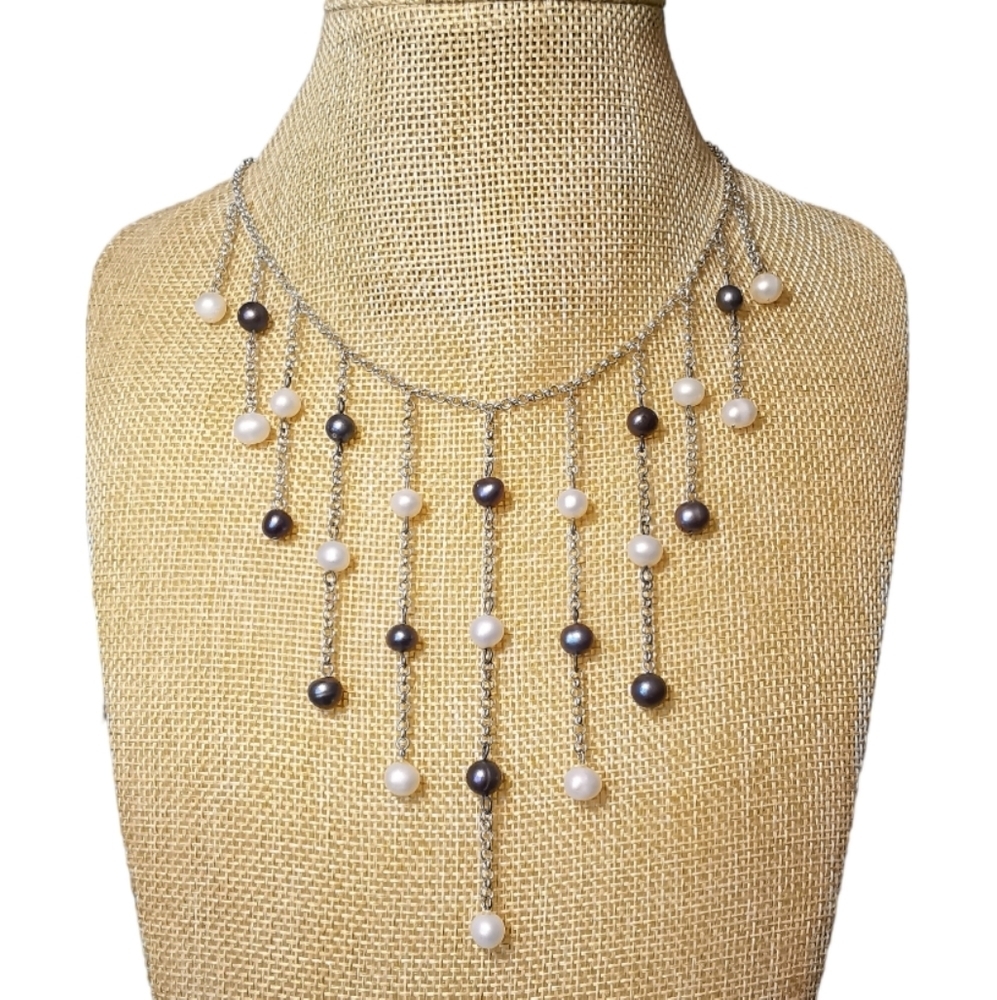 Fringe necklace white peacock blue freshwater pearl sterling silver